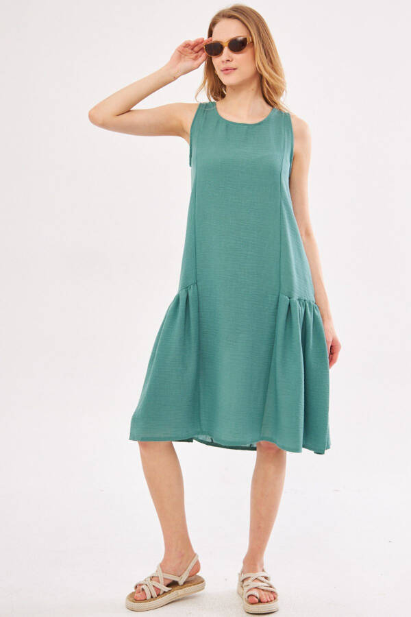 Women's Turquoise Decapende Dress with Ruffled Sides, Sleeveless, Linen Look, Midi Length ARM-24Y001037 - 2