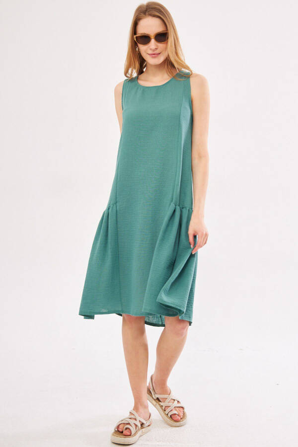 Women's Turquoise Decapende Dress with Ruffled Sides, Sleeveless, Linen Look, Midi Length ARM-24Y001037 - 4