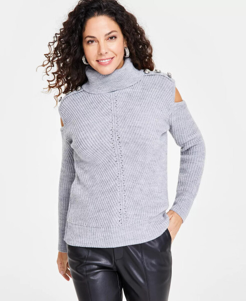 Women's Turtleneck Cold-Shoulder Sweater, Created for Macy's Hthr Belle Grey - 1