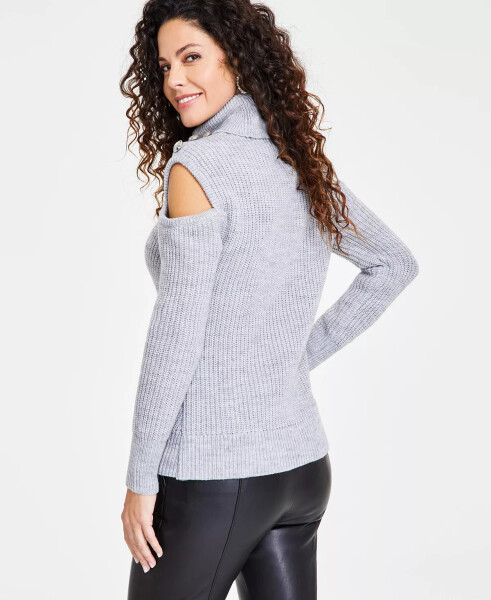 Women's Turtleneck Cold-Shoulder Sweater, Created for Macy's Hthr Belle Grey - 2