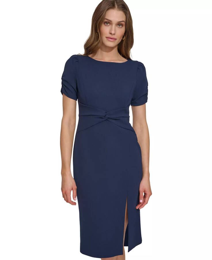 Women's Twisted Waistband Puff-Sleeve Sheath Dress Navy - 4