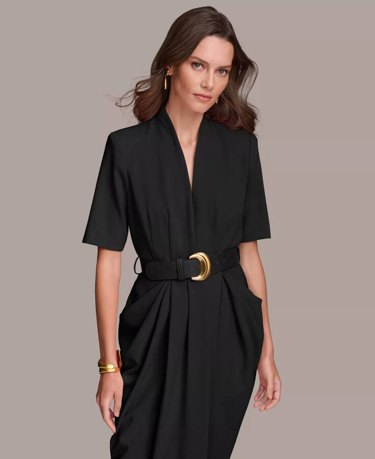 Women's V-Neck Belted Short-Sleeve Dress Black - 3