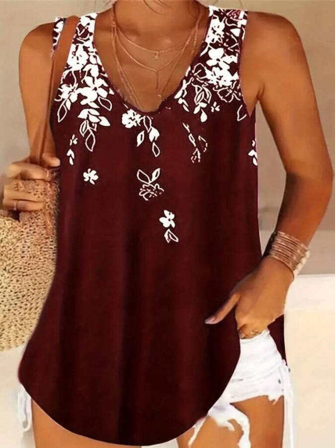 Women's V-neck floral print sleeveless loose fit supreme blouse - 1