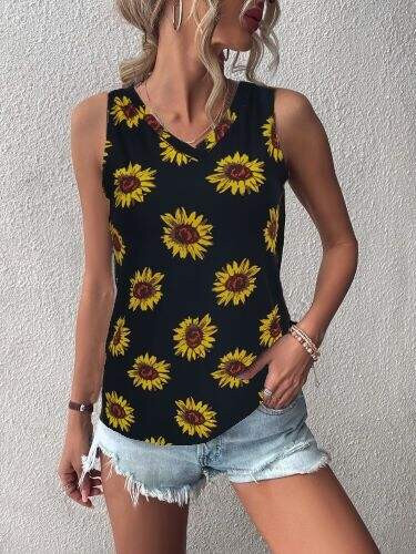 Women's V-Neck Sleeveless Sunflower Print Crepe Blouse - 1