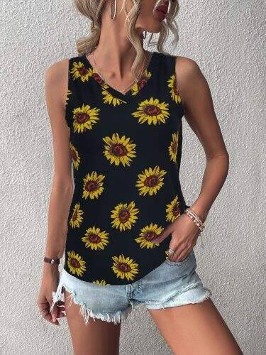 Women's V-Neck Sleeveless Sunflower Print Crepe Blouse - 1