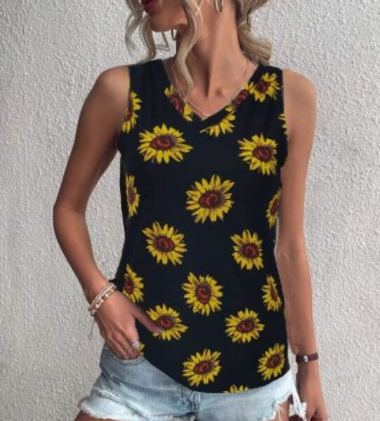 Women's V-Neck Sleeveless Sunflower Print Crepe Blouse - 2