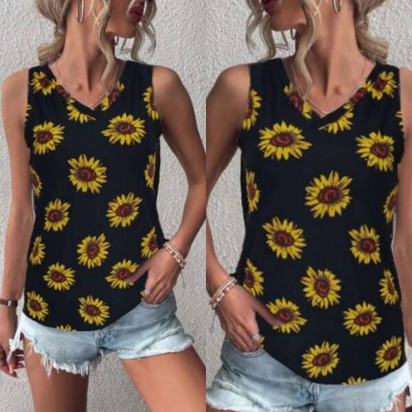 Women's V-Neck Sleeveless Sunflower Print Crepe Blouse - 3