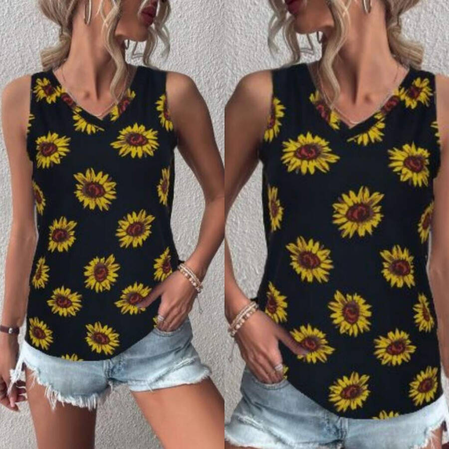 Women's V-Neck Sleeveless Sunflower Print Crepe Blouse - 3