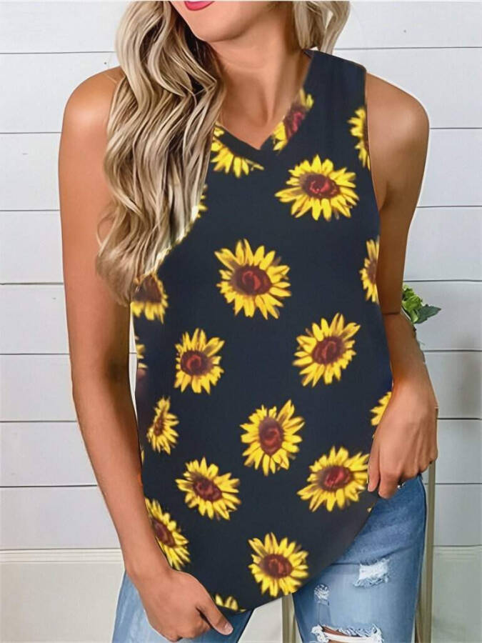 Women's V-Neck Sleeveless Sunflower Print Crepe Blouse - 6