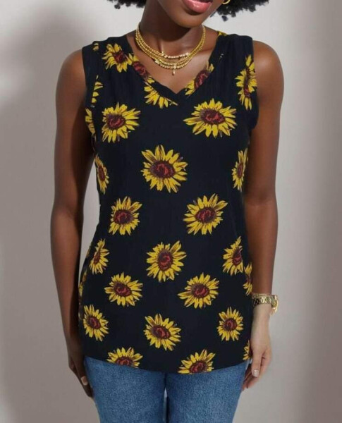 Women's V-Neck Sleeveless Sunflower Print Crepe Blouse - 7