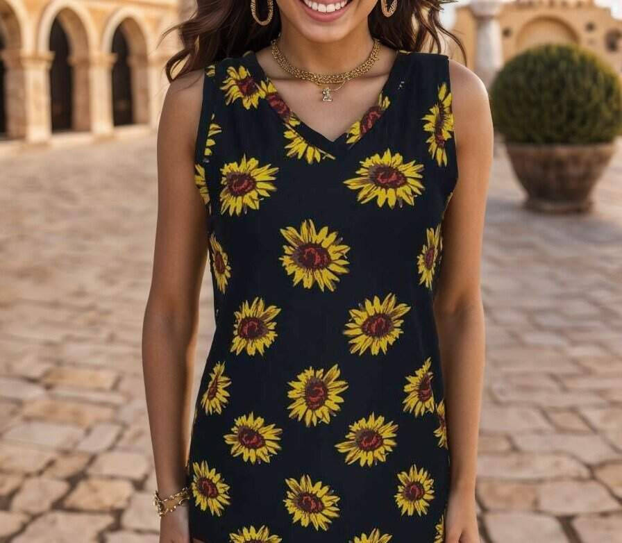 Women's V-Neck Sleeveless Sunflower Print Crepe Blouse - 9