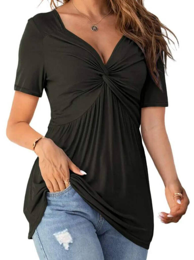 Women's Viscose Blouse, Front Knot Detail, Short Sleeve - 2