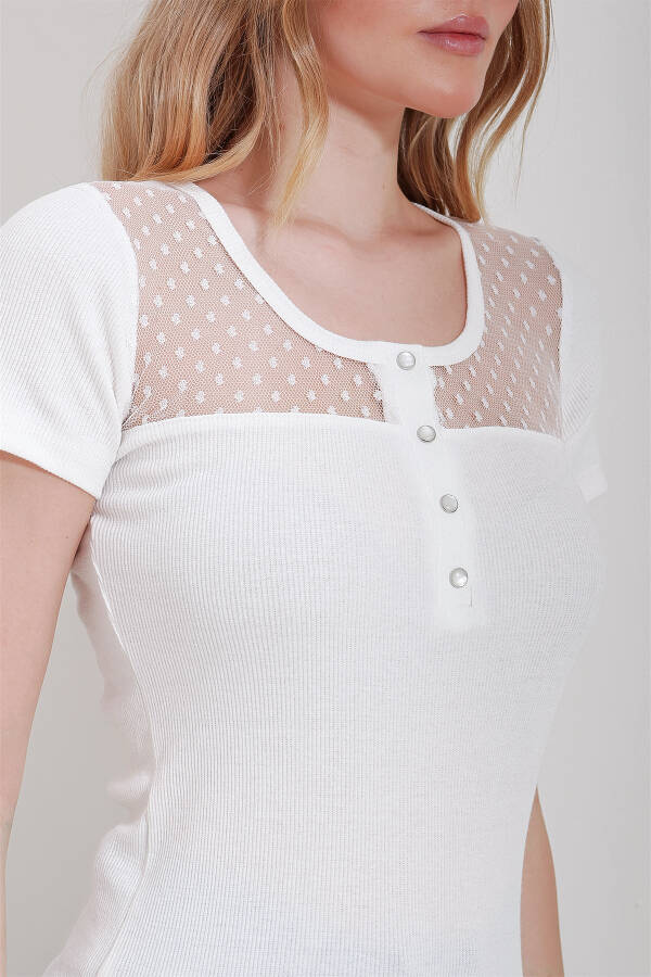 Women's White Bicycle Neck Lace Detail Snap Closure Blouse ALC-X11580 - 5