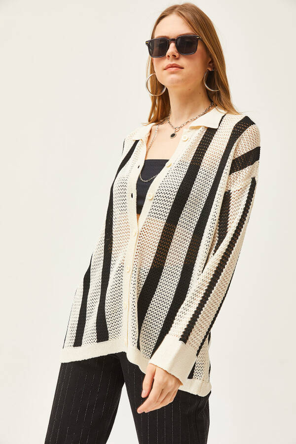 Women's White Black Striped Lace Seasonal Shirt GML-19001172 - 3