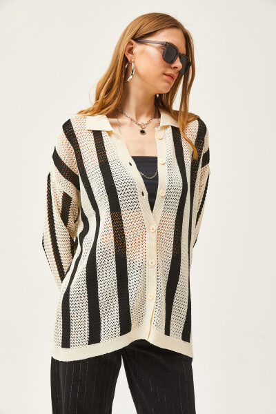 Women's White Black Striped Lace Seasonal Shirt GML-19001172 - 4