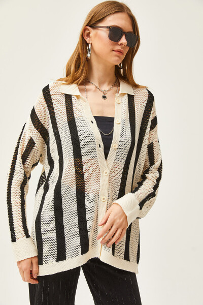 Women's White Black Striped Lace Seasonal Shirt GML-19001172 - 5