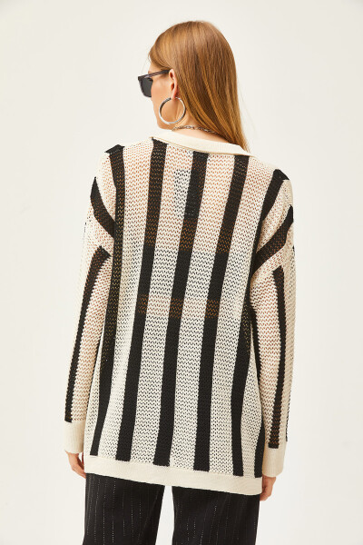 Women's White Black Striped Lace Seasonal Shirt GML-19001172 - 6