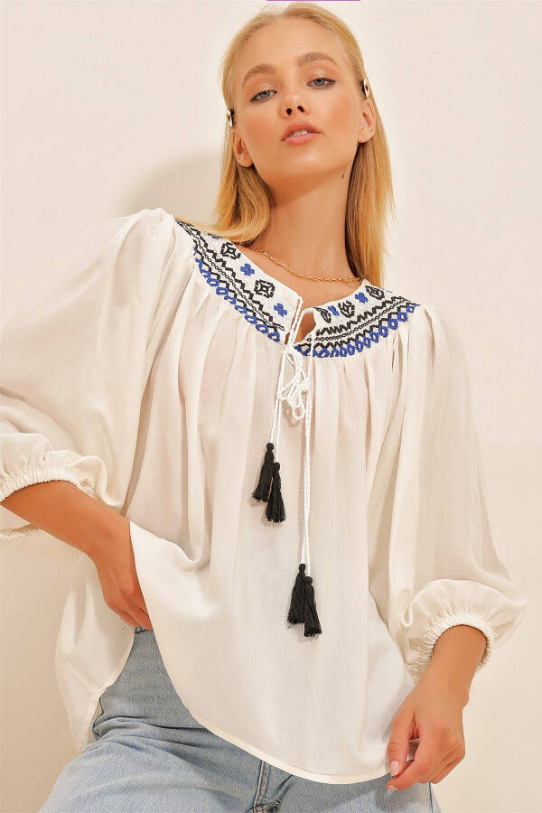 Women's White Boat Neck Lace-Up Embroidered Woven Blouse ALC-X10746 - 1