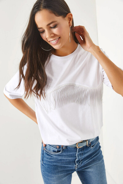 Women's White Chain-Embellished Oversized T-Shirt TSH-19000697 - 1