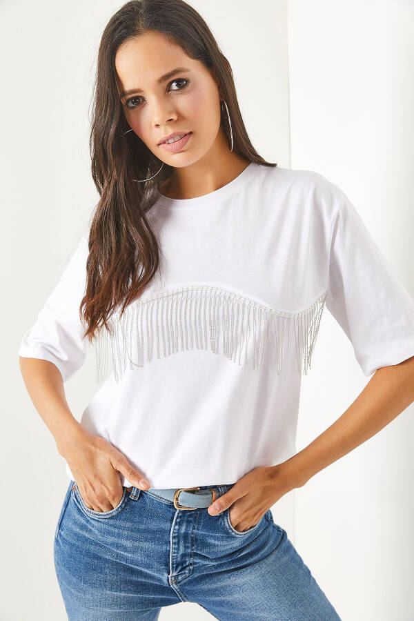 Women's White Chain-Embellished Oversized T-Shirt TSH-19000697 - 2