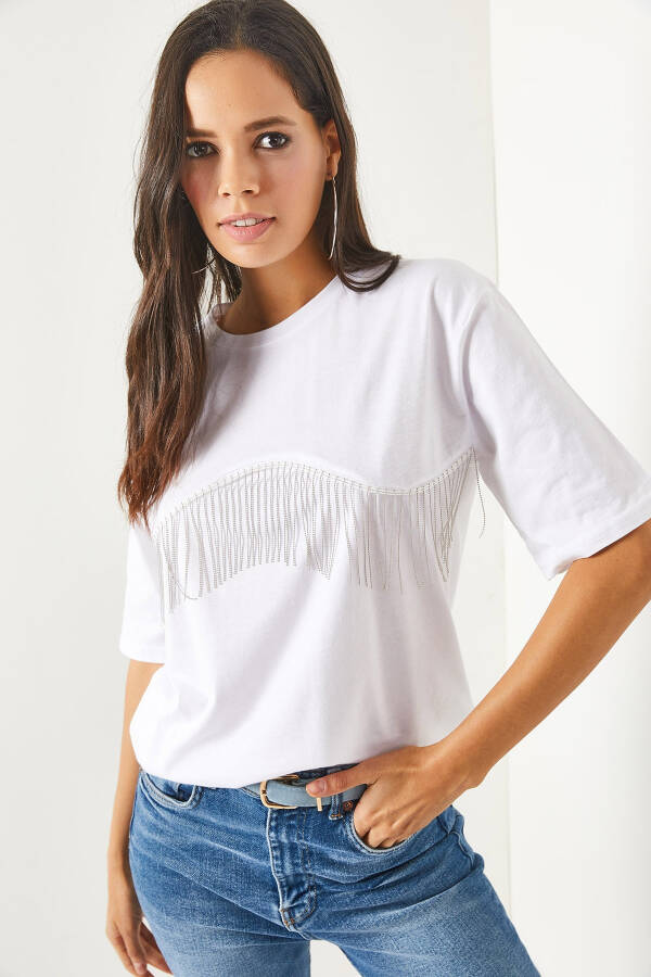 Women's White Chain-Embellished Oversized T-Shirt TSH-19000697 - 3