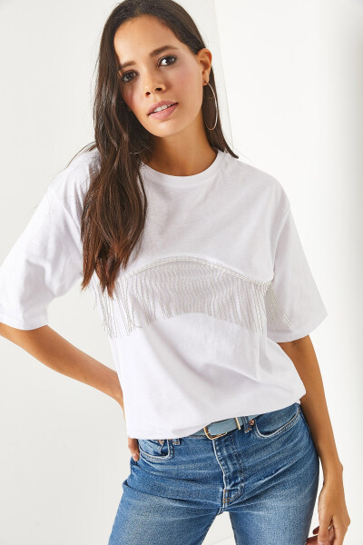 Women's White Chain-Embellished Oversized T-Shirt TSH-19000697 - 4