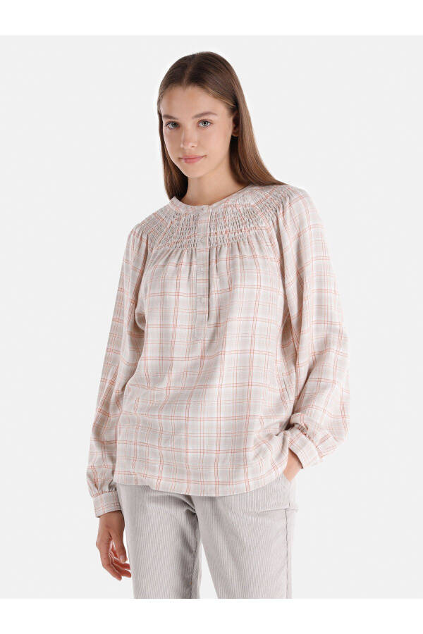 Women's white, checkered, button-down, regular fit, short-sleeved blouse. - 1