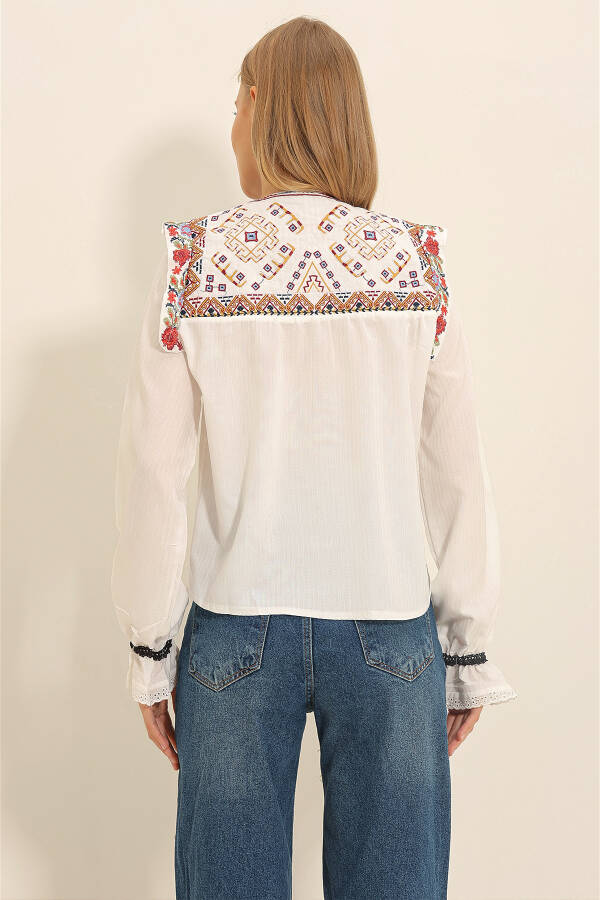 Women's White Crew Neck Roba Embroidered Armored Blouse ALC-X11292 - 4