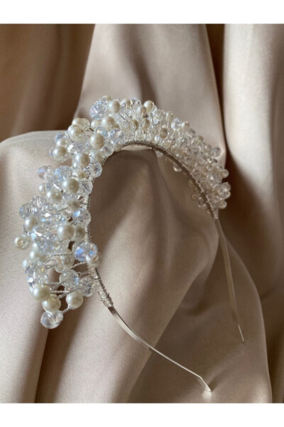 Women's White Custom Designed Pearl and Crystal Beaded Bridal Crown - 3