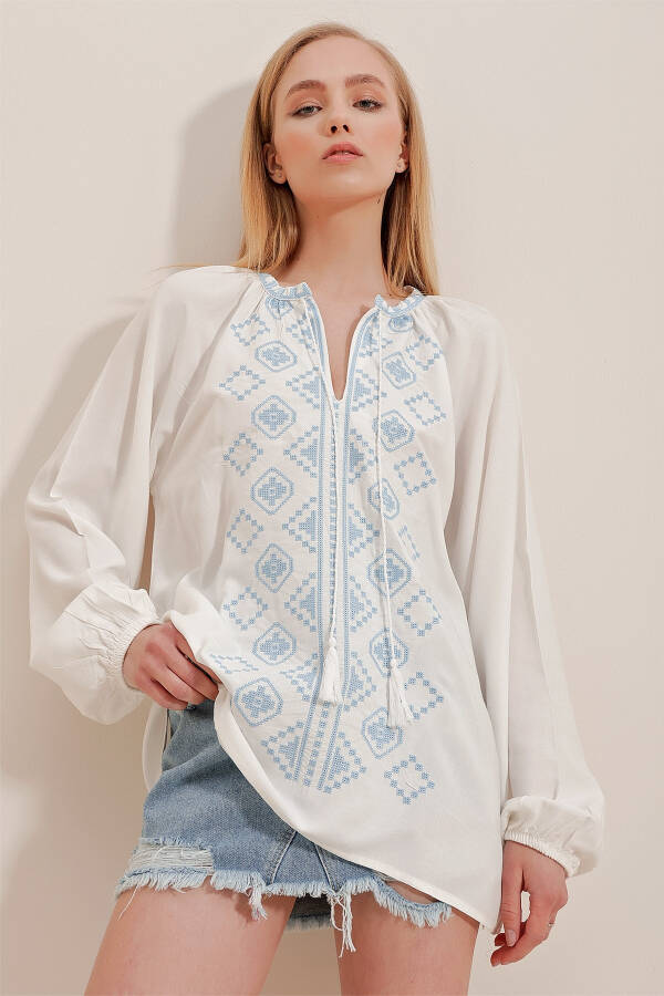 Women's White Ethnic Embroidered Viscose Woven Blouse ALC-X10312 - 1