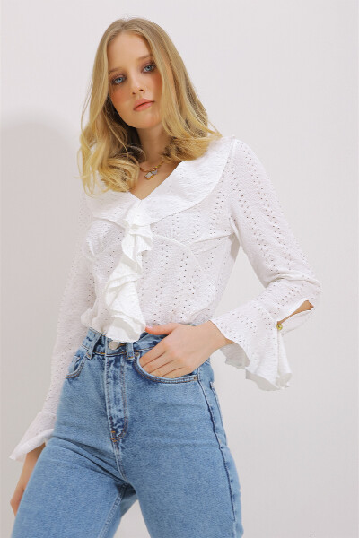 Women's White Long Sleeve V-Neck Jacquard Frilled Blouse ALC-X11434 - 1