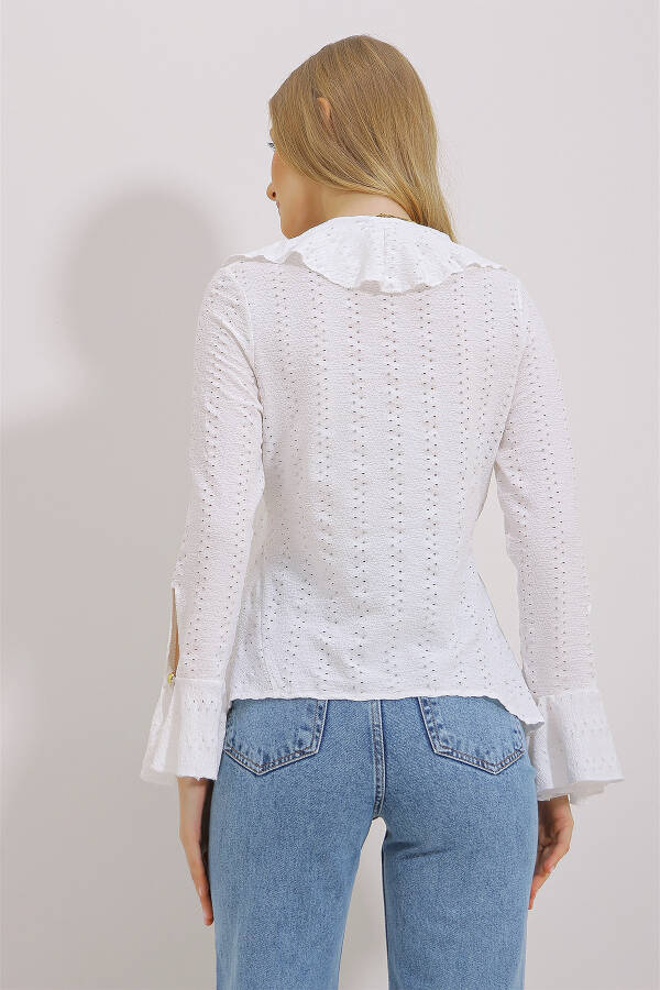 Women's White Long Sleeve V-Neck Jacquard Frilled Blouse ALC-X11434 - 5