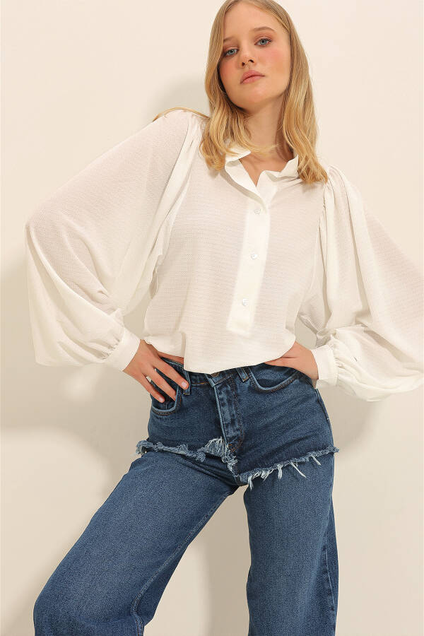 Women's White Mandarin Collar Button-Front Balloon Sleeve Shirt Blouse ALC-X11325 - 4