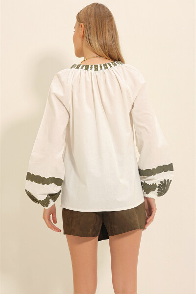 Women's White Mandarin Collar Embroidered Balloon Sleeve Woven Blouse ALC-X11298 - 5