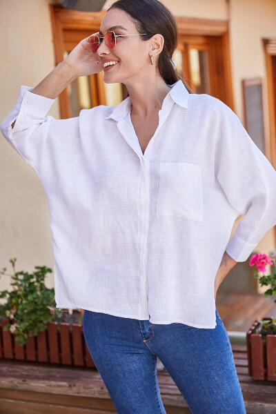 Women's White Pocket Loose Linen Shirt ARM-21Y001035 - 6