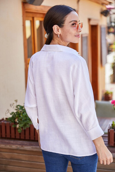 Women's White Pocket Loose Linen Shirt ARM-21Y001035 - 8