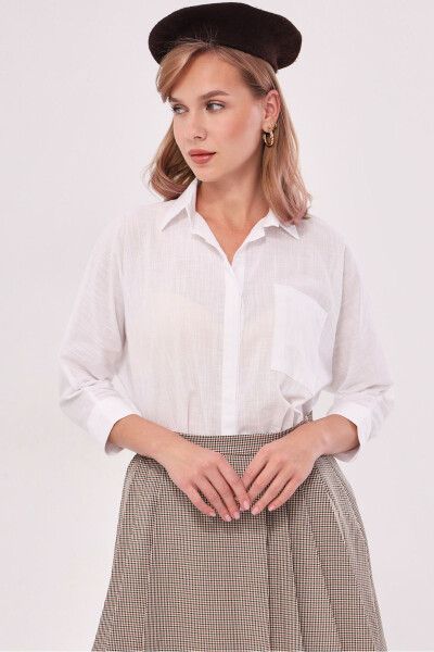 Women's White Pocket Loose Linen Shirt ARM-21Y001035 - 3