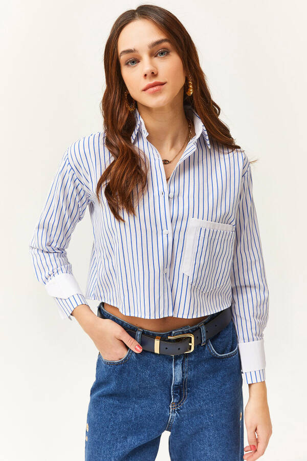 Women's White Striped Crop Shirt with Blue Pocket and Cuff Details GML-19001169 - 1