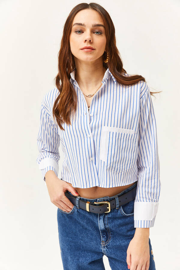 Women's White Striped Crop Shirt with Blue Pocket and Cuff Details GML-19001169 - 2