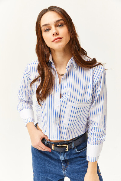 Women's White Striped Crop Shirt with Blue Pocket and Cuff Details GML-19001169 - 4