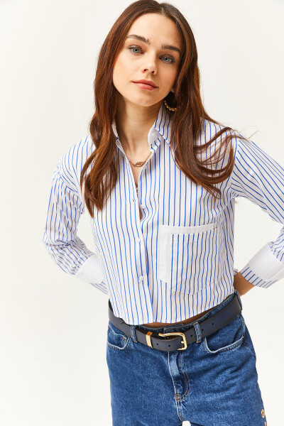 Women's White Striped Crop Shirt with Blue Pocket and Cuff Details GML-19001169 - 5