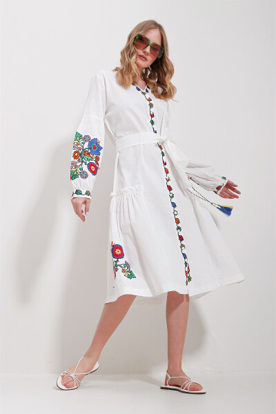 Women's White V-Neck Full Embroidered Lined Woven Dress ALC-X11565 - 1