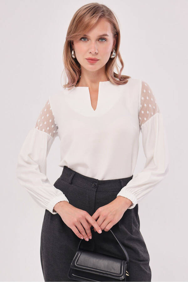 Women's White V-Neck Puff Sleeve Tulle Blouse ARM-20K001038 - 4