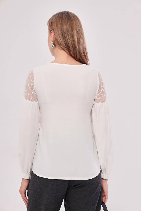 Women's White V-Neck Puff Sleeve Tulle Blouse ARM-20K001038 - 5