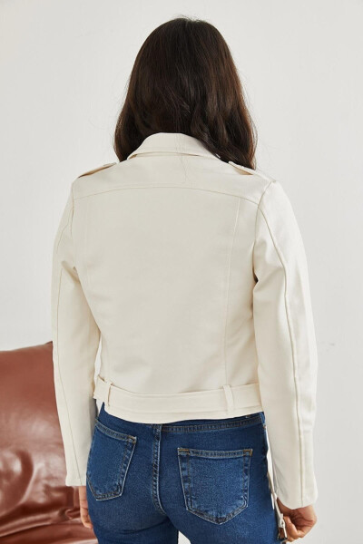 Women's White Zipper Detail Leather Jacket - 2