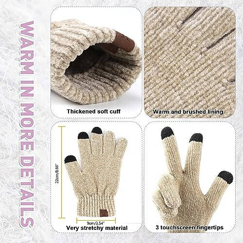 Womens Winter Knit Warm Hat Beanie + Long Scarf + Touch Screen Gloves Set Skull Caps Neck Scarves for Women Men - 4