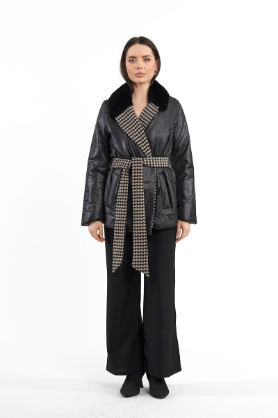 Women's Winter Overcoat with Raccoon Fur, Belt and English Collar - 7