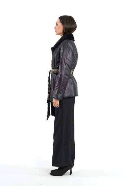 Women's Winter Overcoat with Raccoon Fur, Belt and English Collar - 8