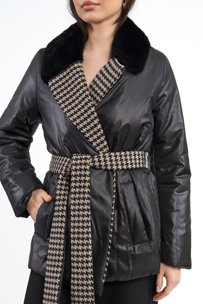 Women's Winter Overcoat with Raccoon Fur, Belt and English Collar - 11