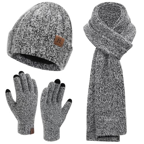 Womens Winter Warm Knit Beanie Hat Touchscreen Gloves Long Neck Scarf Set with Fleece Lined Skull Caps Gifts for Women Men - 1